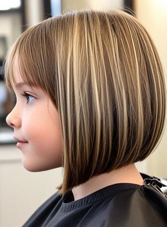 Honey Highlighted Angled Bob with Bangs , Angled Bob Haircuts For Girls, bob haircut for girls, long bob cut for girl child, 10 year old bob haircuts girl, best haircut for girls, medium angled bob haircut for girl, long angled bob haircut for girl