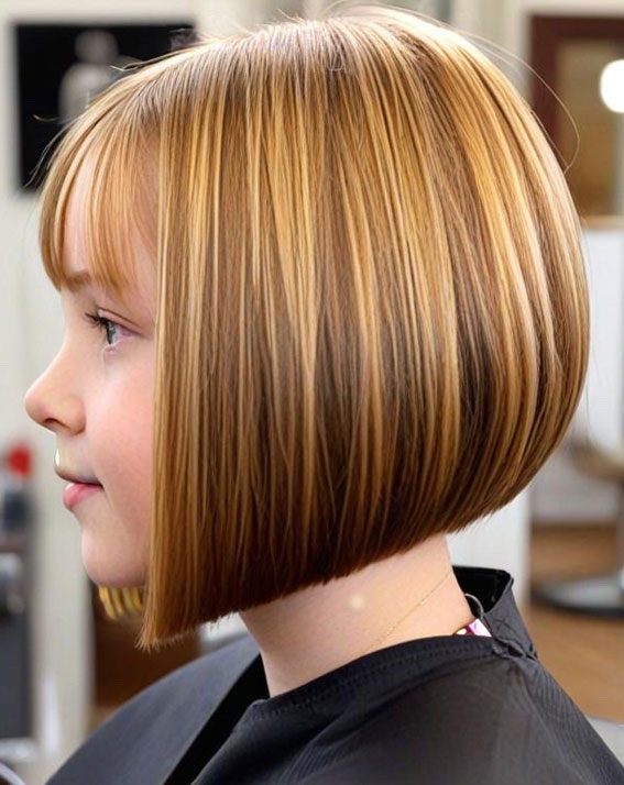 . Golden Chestnut Angled Bob with Bangs, Angled Bob Haircuts For Girls, bob haircut for girls, long bob cut for girl child, 10 year old bob haircuts girl, best haircut for girls, medium angled bob haircut for girl, long angled bob haircut for girl