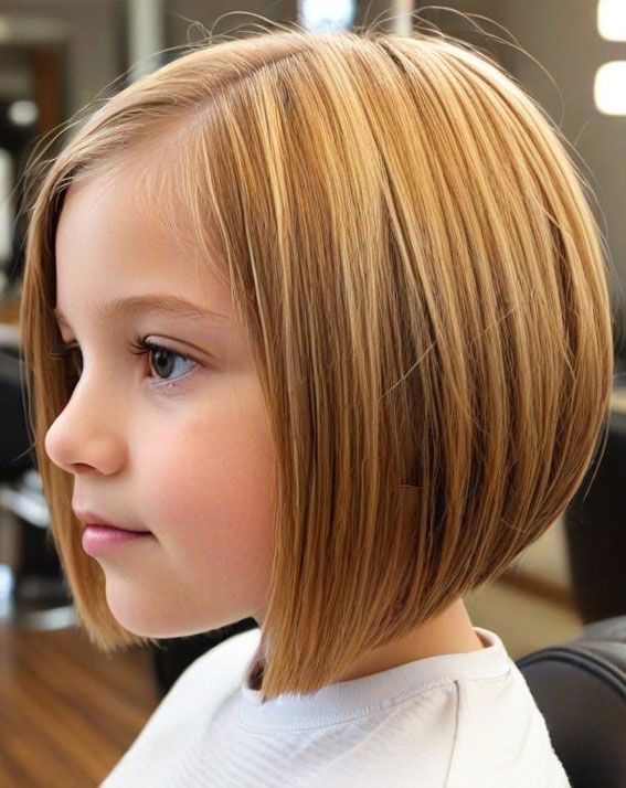 Golden Blonde Soft Angled Bob, Angled Bob Haircuts For Girls, bob haircut for girls, long bob cut for girl child, 10 year old bob haircuts girl, best haircut for girls, medium angled bob haircut for girl, long angled bob haircut for girl