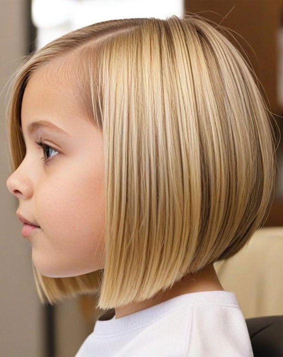 Golden Blonde Sleek Bob, Angled Bob Haircuts For Girls, bob haircut for girls, long bob cut for girl child, 10 year old bob haircuts girl, best haircut for girls, medium angled bob haircut for girl, long angled bob haircut for girl