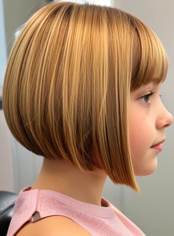 28 Angled Bob Haircuts For Girls : Golden Angled Bob with Classic Bangs