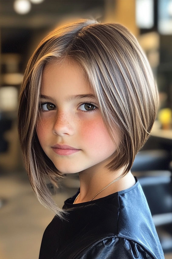 Glossy Chestnut Sleek Angled Bob, Angled Bob Haircuts For Girls, bob haircut for girls, long bob cut for girl child, 10 year old bob haircuts girl, best haircut for girls, medium angled bob haircut for girl, long angled bob haircut for girl