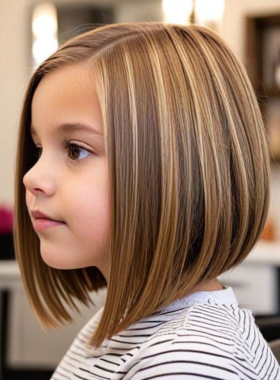 28 Angled Bob Haircuts For Girls : Brown Hair Long Bob with Blonde Highlights