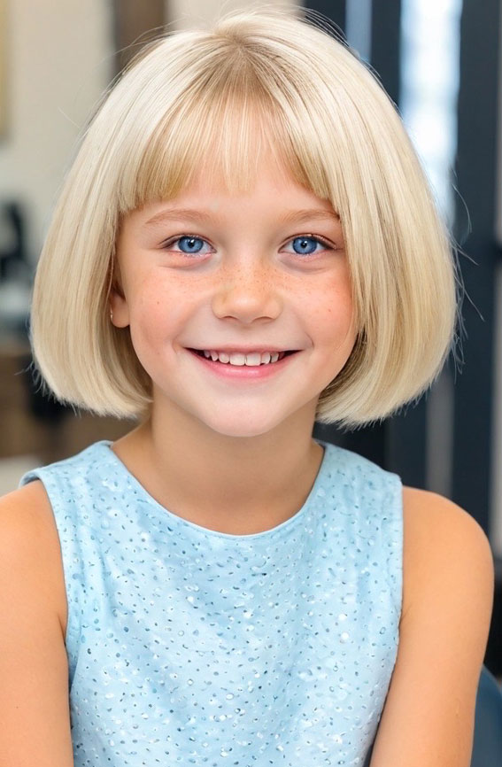 44 Bob Haircuts Perfect for Girls of All Ages : Bright Platinum Bob with Feathered Fringe