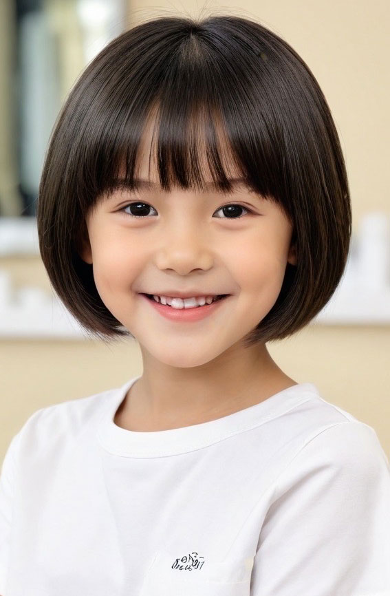 44 Bob Haircuts Perfect for Girls of All Ages : Black Rounded Bob with Wispy Fringe