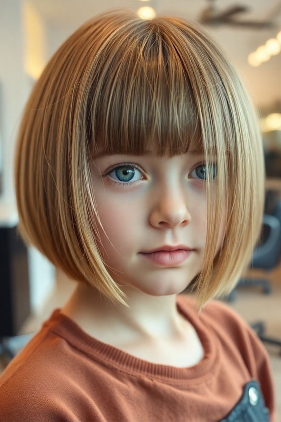 44 Bob Haircuts Perfect for Girls of All Ages : Layered Chin-Length Bob with Full Fringe