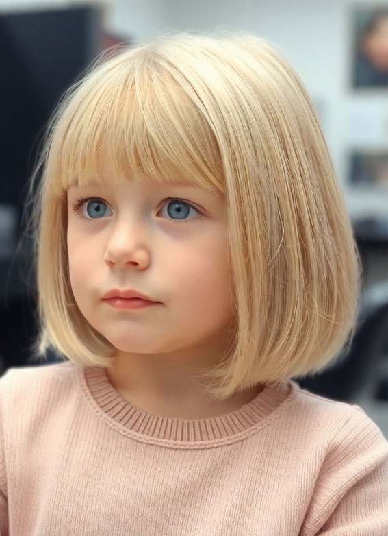 44 Bob Haircuts Perfect for Girls of All Ages : Golden Blonde Bob with Baby Bangs