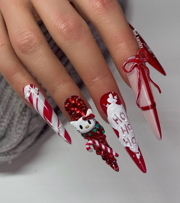 Hello Kitty Christmas nails, Christmas nail art designs, Christmas nails, holiday nails, festive holiday nails, cute Christmas nails