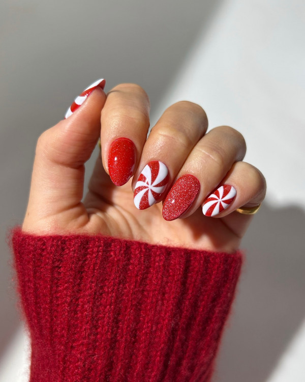 Peppermint Sparkle, red christmas nails, Christmas nail art