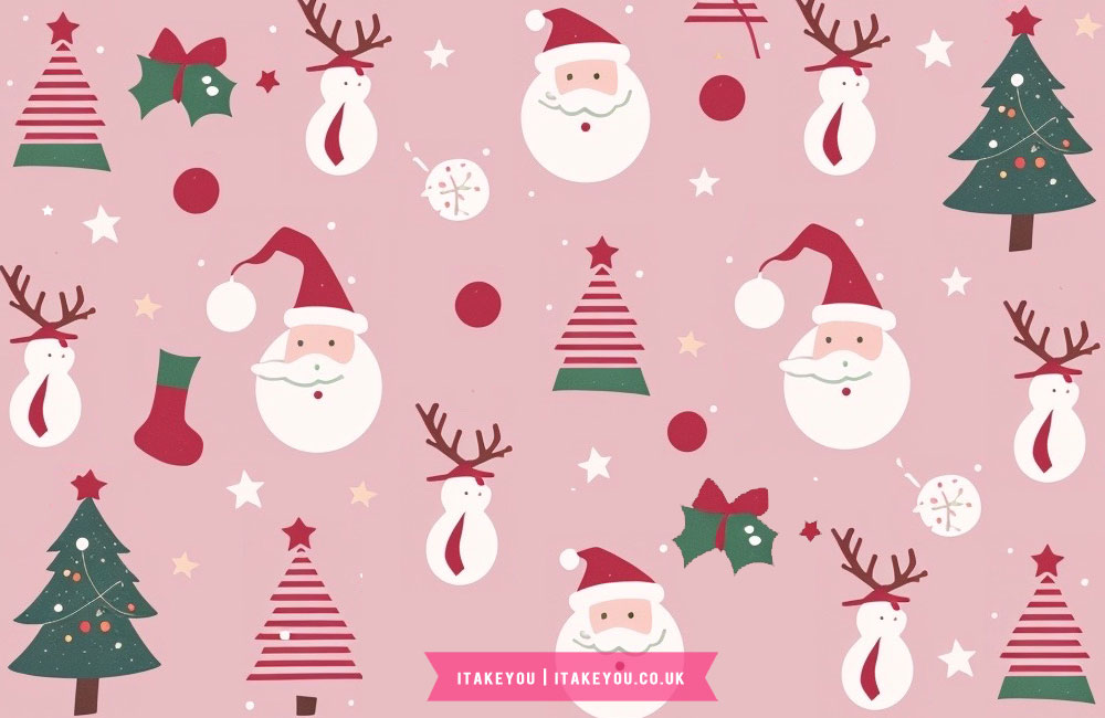 Whimsical Christmas Cheer Pink Wallpaper for Desktop & Laptop, Christmas wallpaper, festive wallpaper for desktop