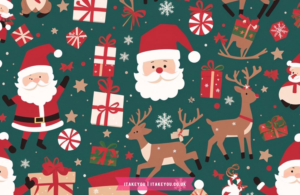 Santa and Reindeer Deep Green Wallpaper for Desktop