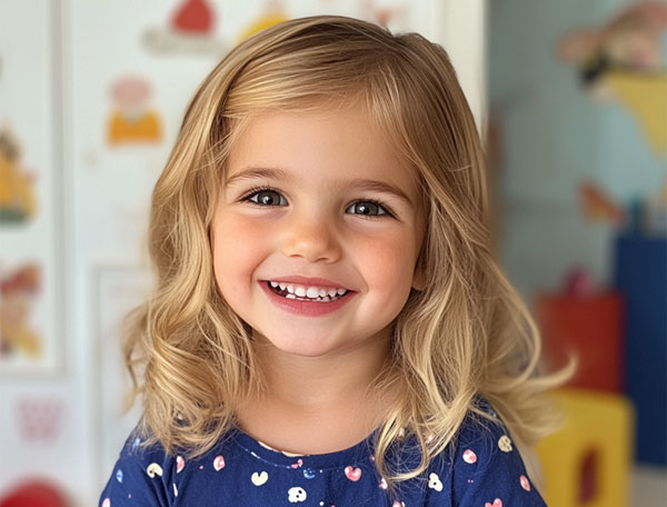 5 Years Baby Girl Hair Cutting Style : Shoulder-Length Soft Blonde Waves with Side Part