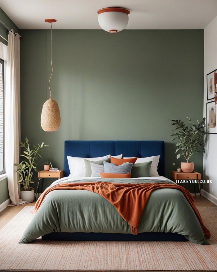 20 Stylish Bedroom Colour Combination Ideas : Sage with Bold Blue and Terracotta Accents