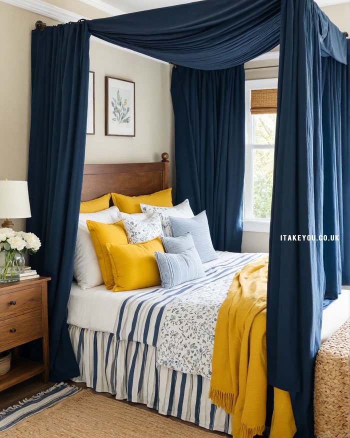 20 Stylish Bedroom Colour Combination Ideas : Navy Elegance with Sunshine Yellow Accents