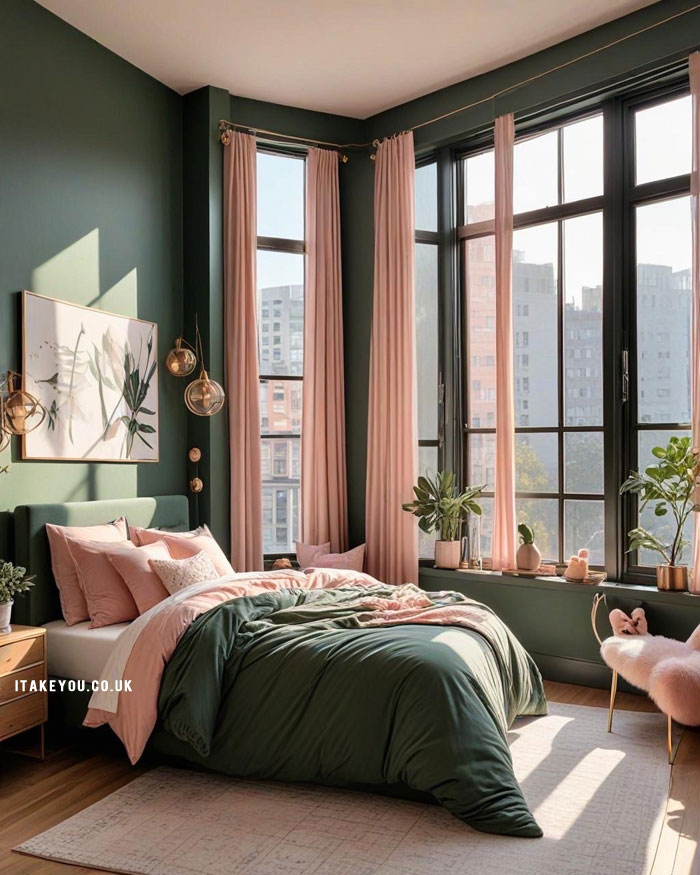 20 Stylish Bedroom Colour Combination Ideas : Blush and Dark Green Bedroom