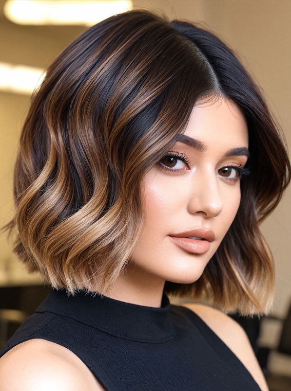 Glamorous Wavy Bob with Balayage, bob hairstyle, bob haircut, wavy bob