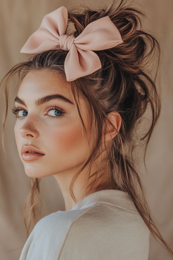 Messy Bun & Bow Charm, cute and easy hairstyle, quick and easy hairstyle, effortless hairstyles, effortless bob hairstyles, braided bob hairstyle