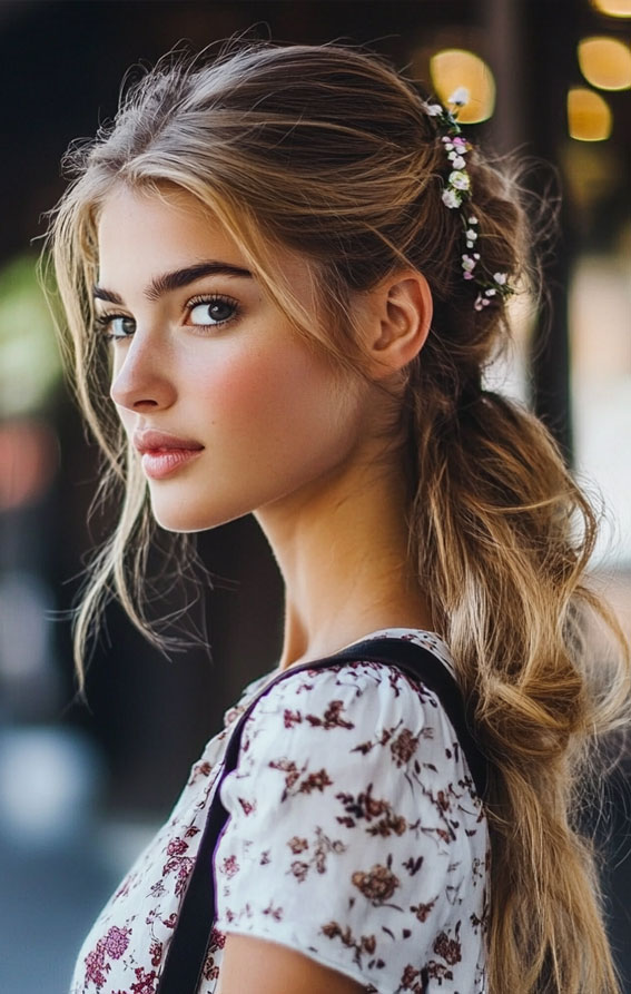 29 Cute, Easy and Quick Hairstyles : Soft Boho Ponytail with Floral Accents