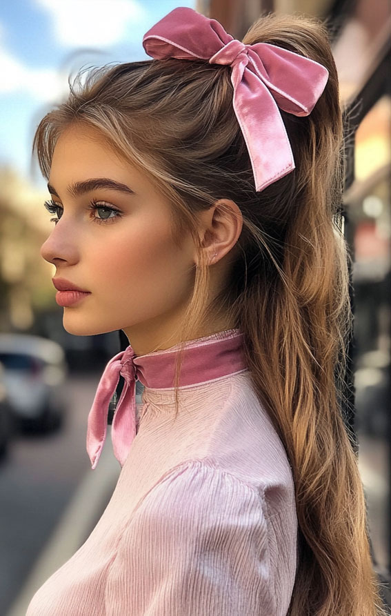 Soft Pink Bow Ponytail, cute and easy hairstyle, quick and easy hairstyle, effortless hairstyles, effortless ponytail