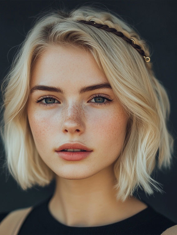 Classic Blonde Bob with a Chic Braided Band, Braided Crown on a Chic Bob, cute and easy hairstyle, quick and easy hairstyle, effortless hairstyles, effortless bob hairstyles, braided bob hairstyle