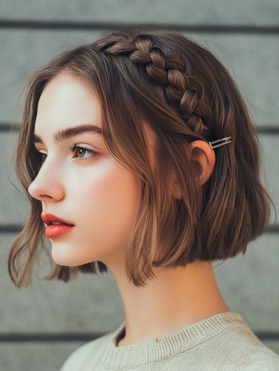 29 Cute, Easy and Quick Hairstyles : Braided Crown on a Chic Bob