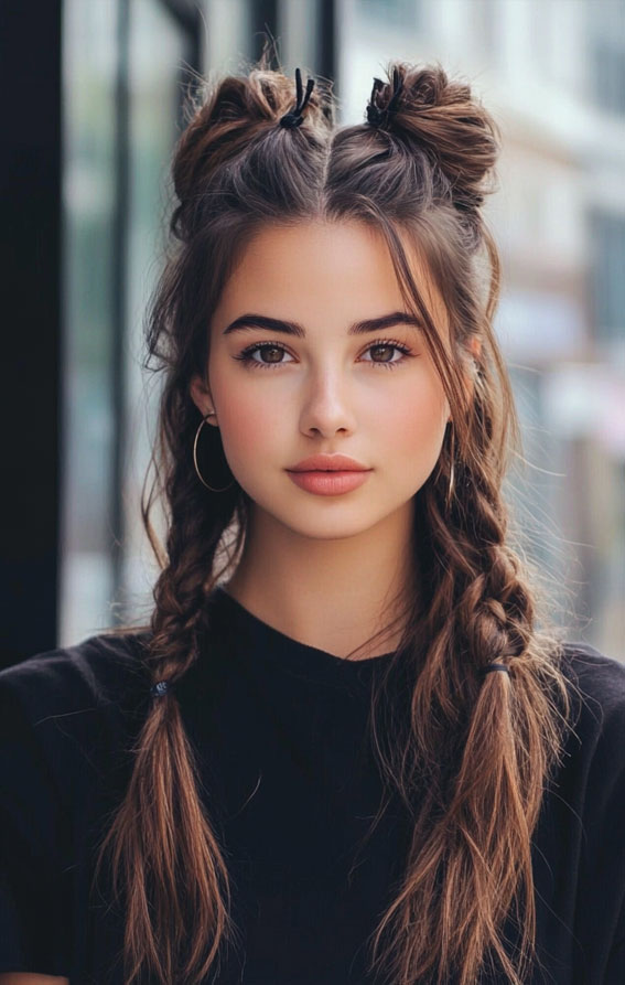 29 Cute, Easy and Quick Hairstyles : Playful Double Braids with Space Buns