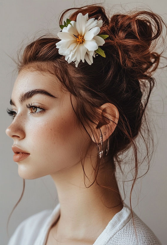 29 Cute, Easy and Quick Hairstyles : Romantic Messy Updo with a Floral Touch