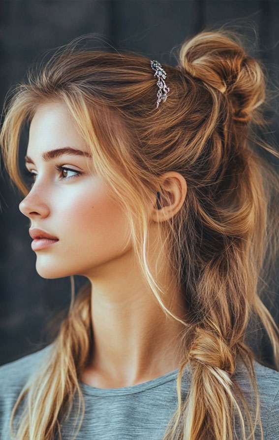 The Textured Boho Half-Bun, cute and easy hairstyle, quick and easy hairstyle, effortless hairstyles, effortless bob hairstyles, braided bob hairstyle