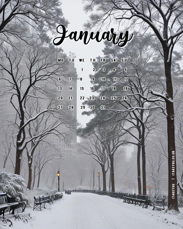 10 Beautiful January Wallpapers for a Winter Wonderland : Snowy City Stroll January Calendar Wallpaper