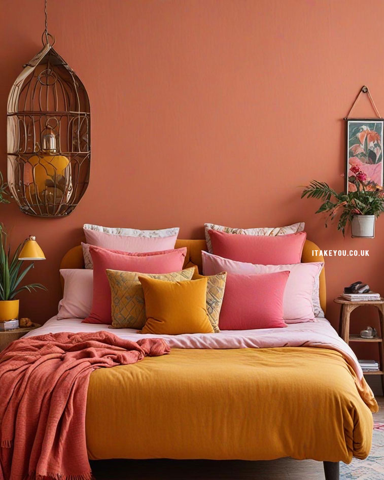 17 Terracotta Bedroom Colour Schemes : Vibrant Terracotta with Mustard and Pink Accents