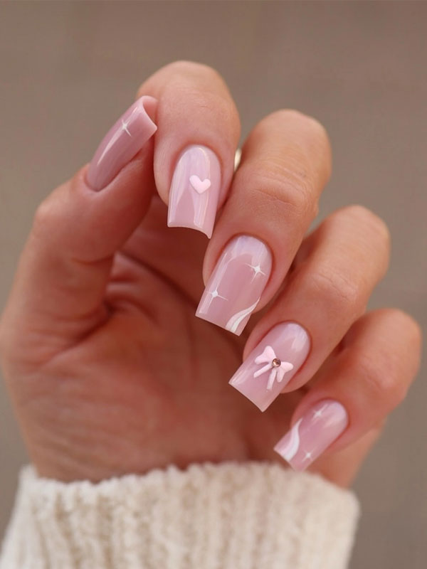 Romantic Blush Blush Nails with Bow & Heart, Pretty Valentine's Day Nails That Scream Romance, Valentine nails, Valentine's day nails