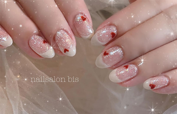 Glittering French Tips with Dainty Hearts, valentine nails, valentine's day nails