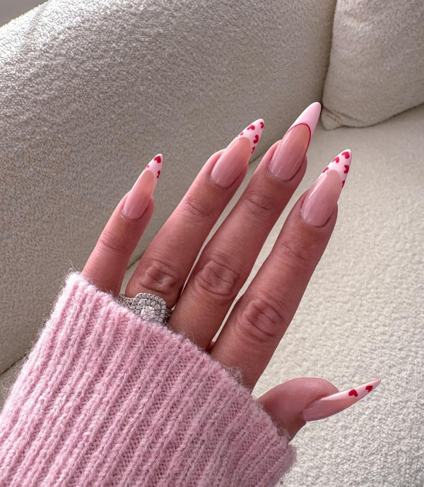 Heart-Tipped Stiletto Elegance, Valentine French Tips, valentine nails, Valentine's day nails, Valentine's day nail art, Valentine nail designs