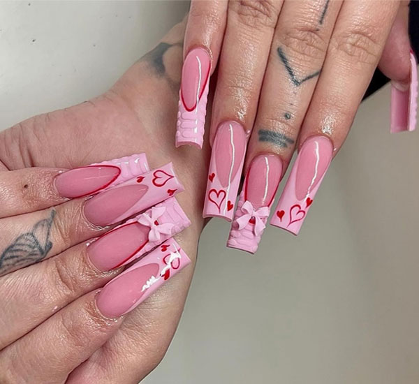 Pink Croc Print Tips with Valentine’s Hearts & Bows, Valentine's day nails, Valentine's day nail art, Valentine nail designs