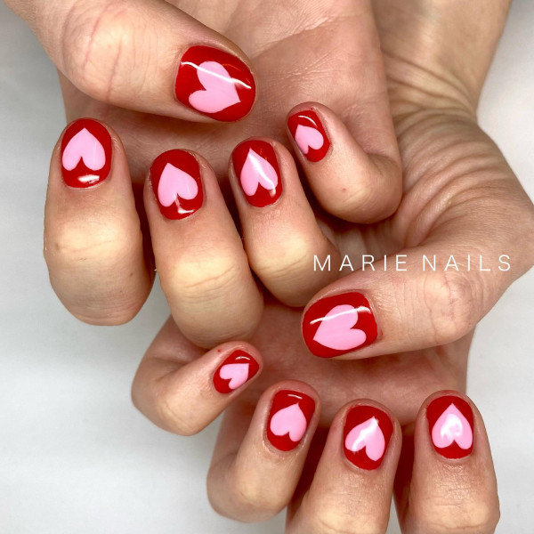 Pink Love Hearts Red Nails, Valentine's day nails, Valentine's day nail art, Valentine nail designs