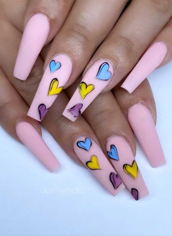 Coffin-Shaped Pastel Hearts Acrylic Nails , Valentine's day nails, Valentine's day nail art, Valentine nail designs, pressed on valentine nails