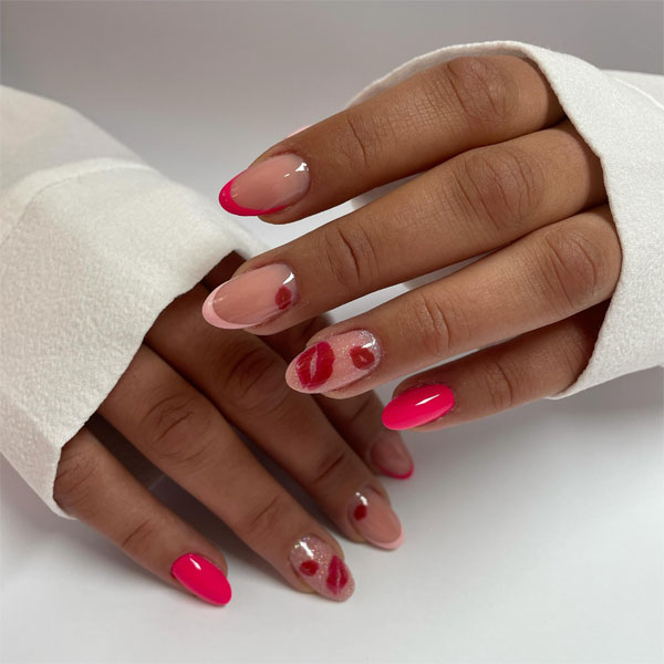 Pink and Red Tip Nails with Kiss Accent on Ring Finger, Chic and Flirty Valentine's Day Nail Art Ideas, Valentine nails