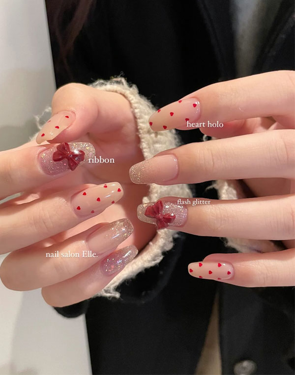 Glittering, Ribbon & Dainty Hearts Romance, Pretty Valentine's Day Nails That Scream Romance, Valentine nails, Valentine's day nails