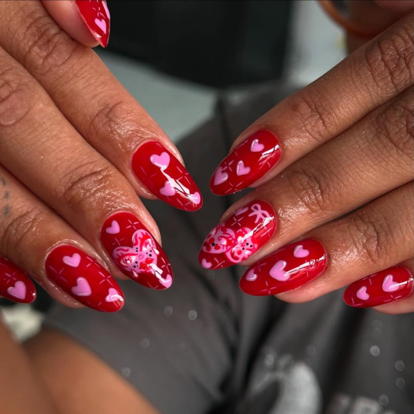 Red Nails with Pink Hearts & Sweet Details, Pretty Valentine's Day Nails That Scream Romance, Valentine nails, Valentine's day nails