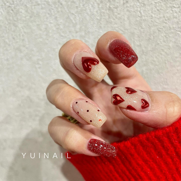 Glittery 3D Ruby Love Hearts, Pretty Valentine's Day Nails That Scream Romance, Valentine nails, Valentine's day nails