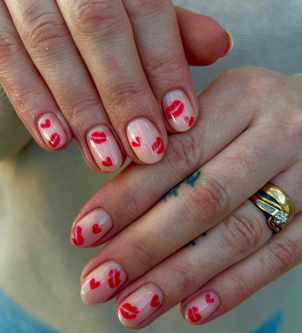 Short Sheer Nails with Red Hearts & Kisses, Chic and Flirty Valentine's Day Nail Art Ideas, Valentine nails