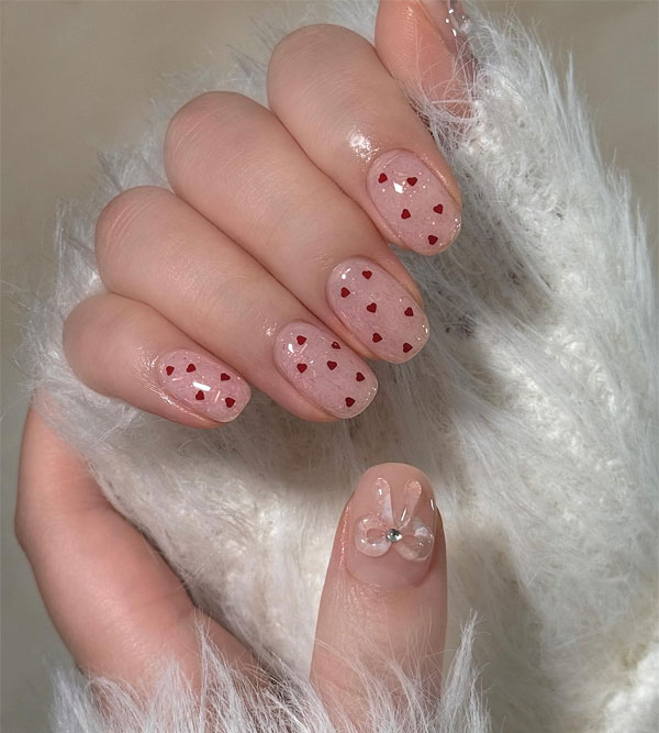 Dainty Hearts & Bow Charm Nails, Pretty Valentine's Day Nails That Scream Romance, Valentine nails, Valentine's day nails