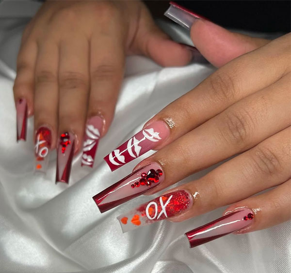 Coffin-Shaped Acrylic Nails with Lips, Hearts & XO Accents, Chic and Flirty Valentine's Day Nail Art Ideas, Valentine nails