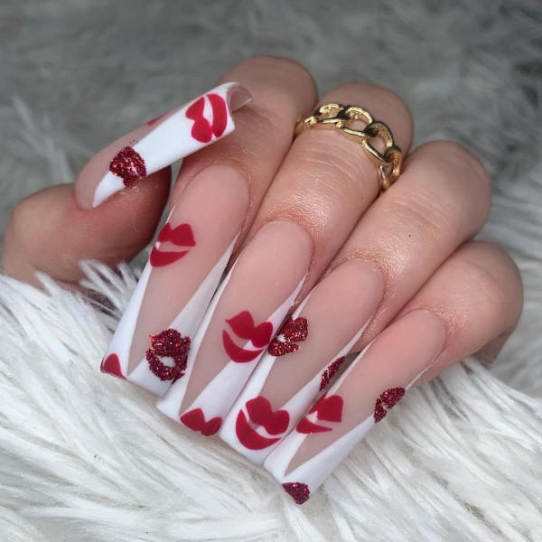 Long Acrylic V-French Tips with Glitter Red Kisses, Chic and Flirty Valentine's Day Nail Art Ideas, Valentine nails