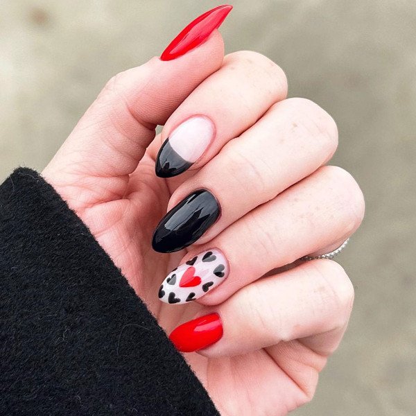 Bold and Edgy Love Hearts Nails, Valentine's day nails, Valentine's day nail art, Valentine nail designs