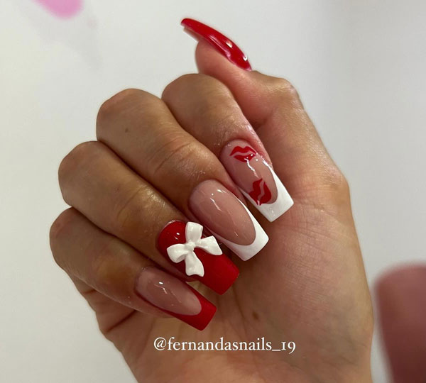 Romantic Red and White Nails with 3D Bow & Kisses, Chic and Flirty Valentine's Day Nail Art Ideas