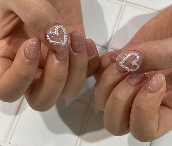 Glittery Short Nails with 3D Heart Frames, Pretty Valentine's Day Nails That Scream Romance, Valentine nails, Valentine's day nails