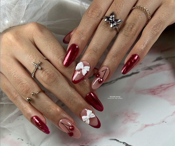 Romantic Red Metallic Chrome Nails with Cheery Hearts, Chic and Flirty Valentine's Day Nail Art Ideas, Valentine nails