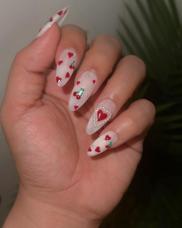 Cherry Hearts Almond-Shaped Nails, valentine nails, Valentine's day nails, Valentine's day nail art, Valentine nail designs