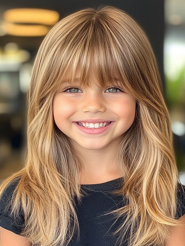 7 Year old Girl Long Straight Hair Soft Layers with Fringe